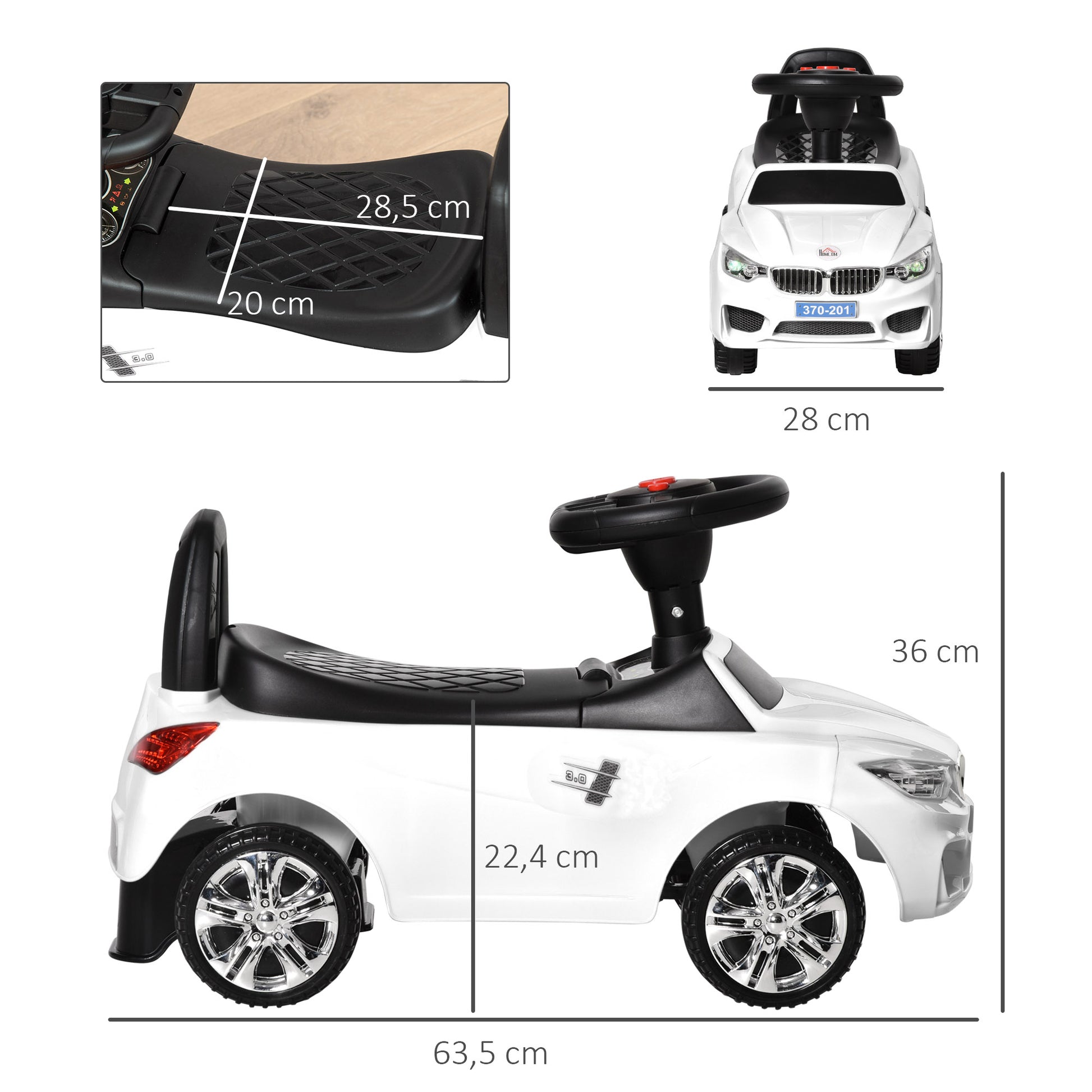 Ride-On Car for Children 18-36 Months Toddler Ride-On with Headlights Music Horn Steering Wheel Storage Space and Push Handle 63.5x28x36 cm White