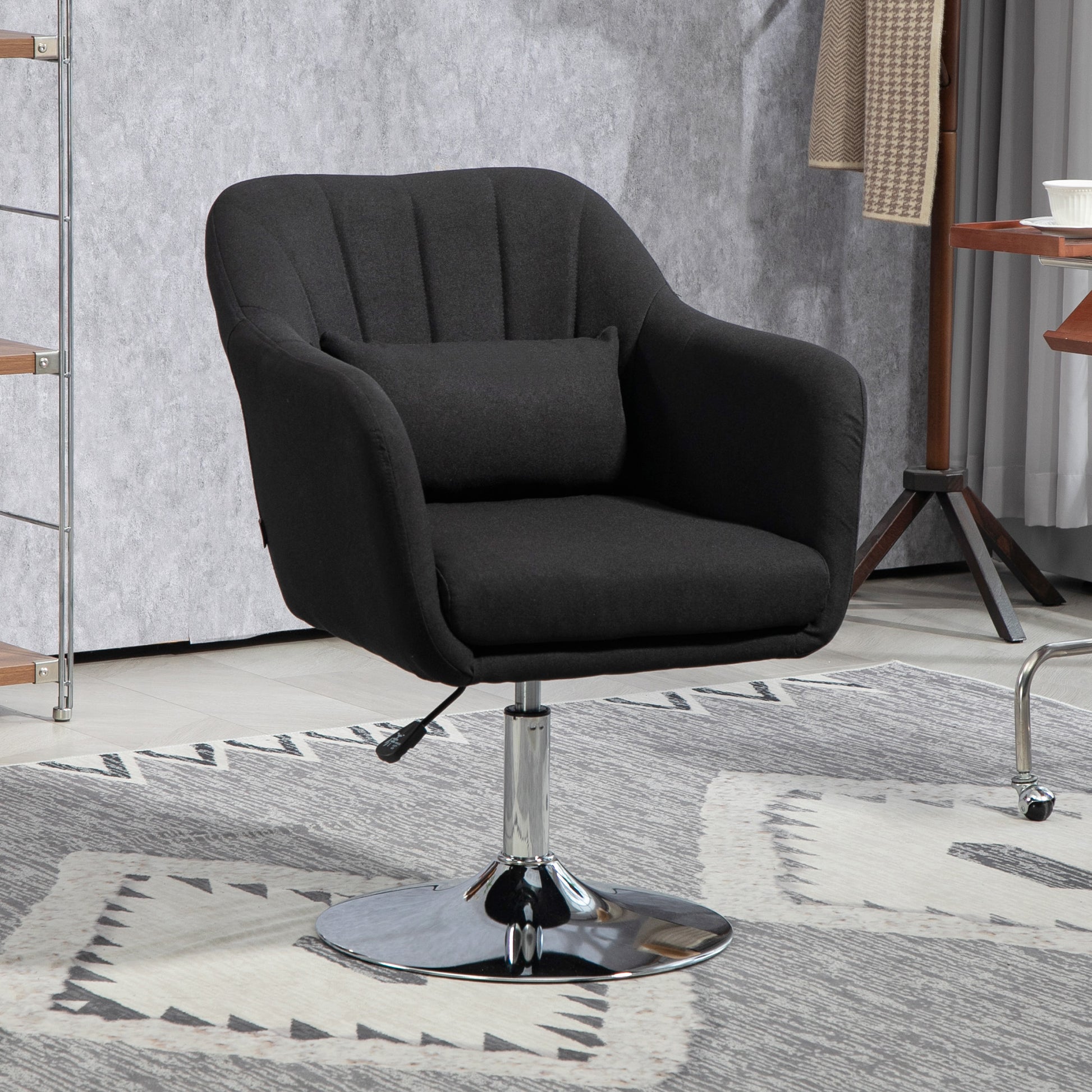Chair Lounge Chair with Armrest, Lumbar Pillow, Padded Recliner with Metal Frame, Linen Look, Height Adjustable Swivel Chair for Bedroom, Living Room, Black