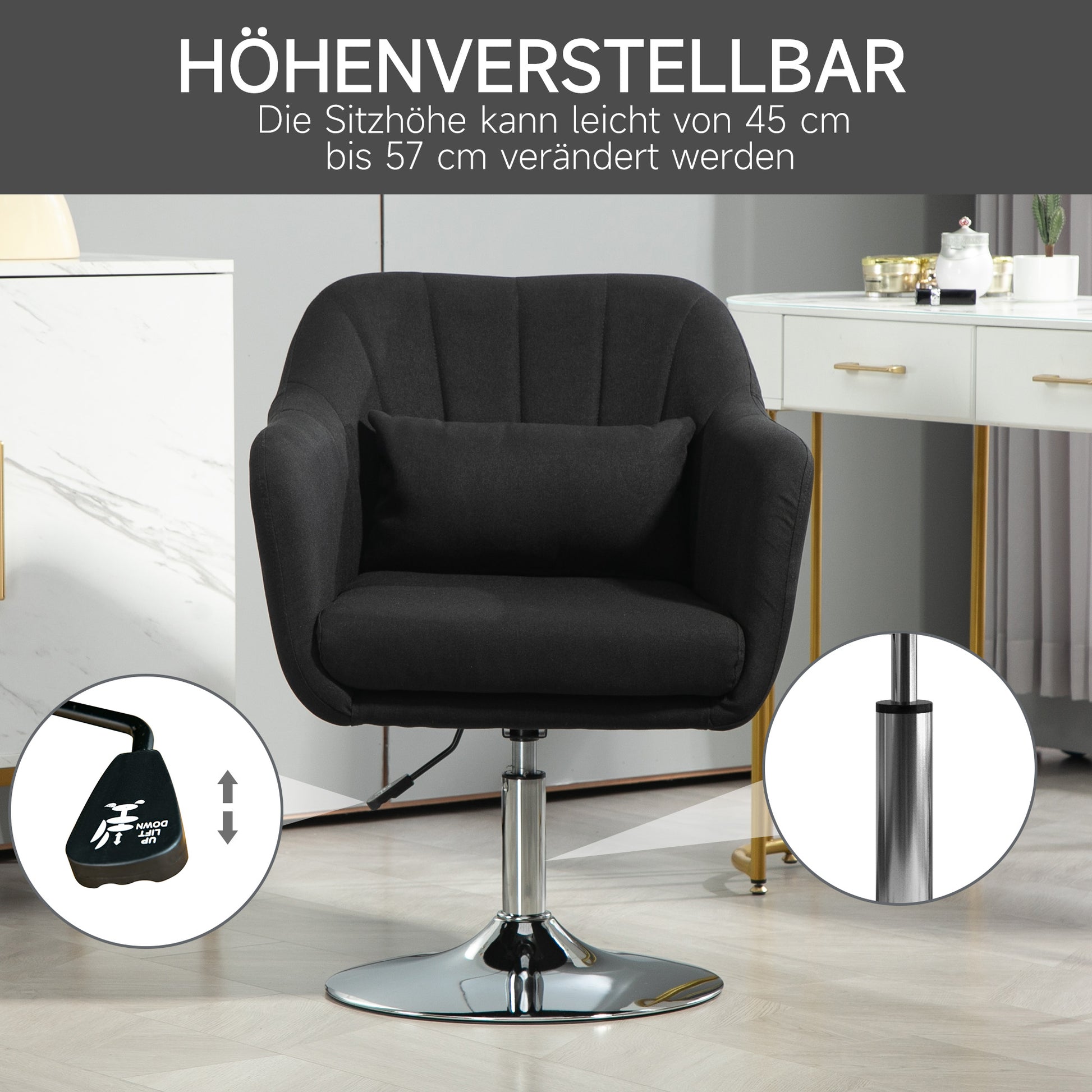 Chair Lounge Chair with Armrest, Lumbar Pillow, Padded Recliner with Metal Frame, Linen Look, Height Adjustable Swivel Chair for Bedroom, Living Room, Black