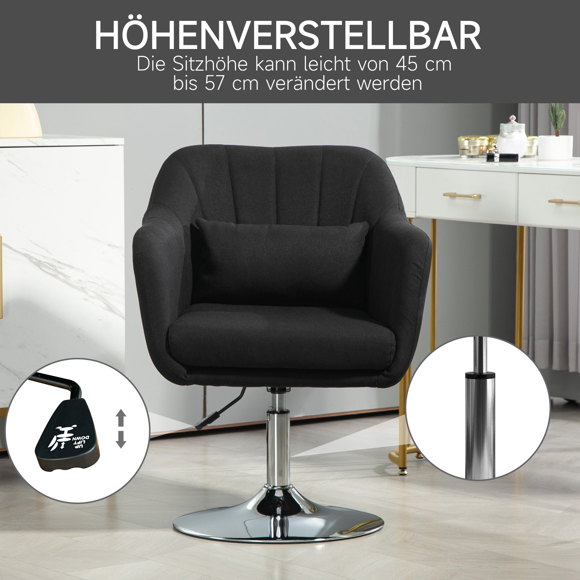 Chair Lounge Chair with Armrest, Lumbar Pillow, Padded Recliner with Metal Frame, Linen Look, Height Adjustable Swivel Chair for Bedroom, Living Room, Black