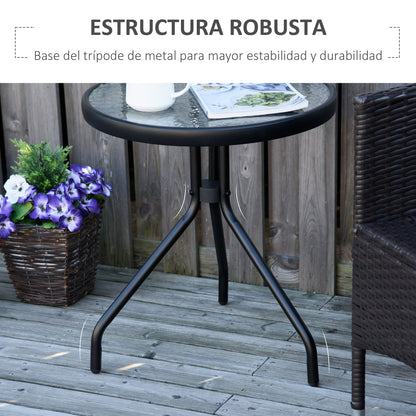 Round Garden Table Outdoor Coffee Table with Decorative Glass Top and Metal Frame for Patio Terrace Balcony Ø50x55 cm Black