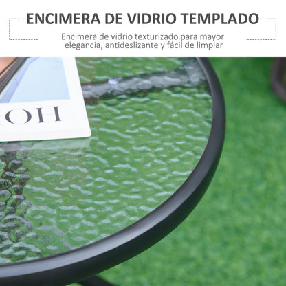 Round Garden Table Outdoor Coffee Table with Decorative Glass Top and Metal Frame for Patio Terrace Balcony Ø50x55 cm Black