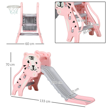 3-in-1 Kids' Slide for Children Aged 18 to 36 Months with 2 Stairs, 1 Basketball Basket, and Animal Pattern for Indoor Use 133x60x70 cm Pink and Gray
