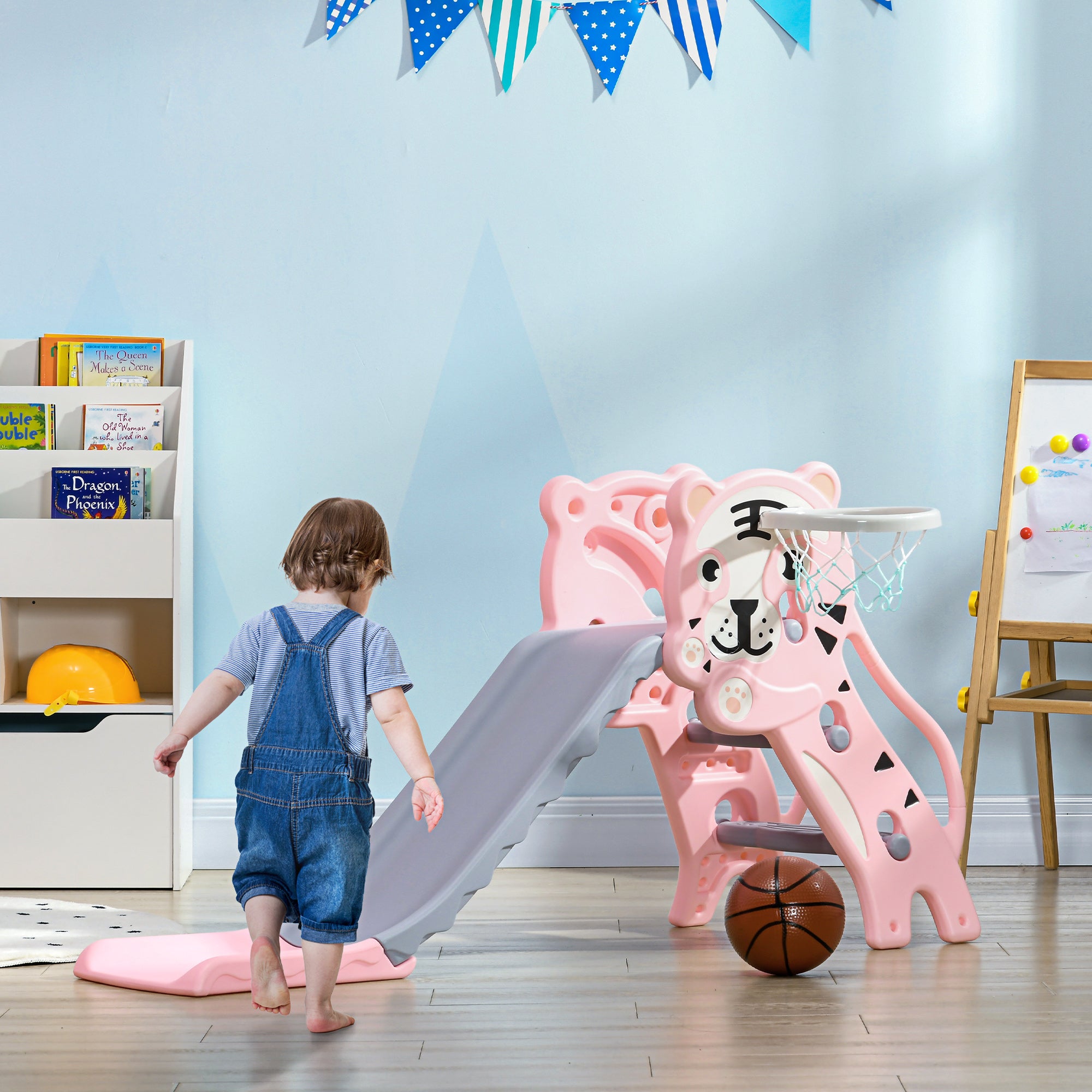 3-in-1 Kids' Slide for Children Aged 18 to 36 Months with 2 Stairs, 1 Basketball Basket, and Animal Pattern for Indoor Use 133x60x70 cm Pink and Gray