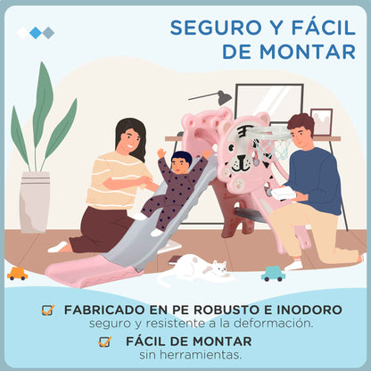 3-in-1 Kids' Slide for Children Aged 18 to 36 Months with 2 Stairs, 1 Basketball Basket, and Animal Pattern for Indoor Use 133x60x70 cm Pink and Gray