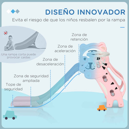 3-in-1 Kids' Slide for Children Aged 18 to 36 Months with 2 Stairs, 1 Basketball Basket, and Animal Pattern for Indoor Use 133x60x70 cm Pink and Gray