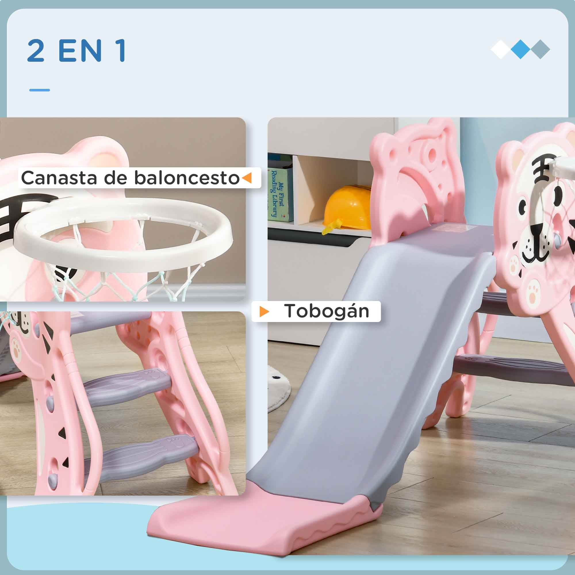 3-in-1 Kids' Slide for Children Aged 18 to 36 Months with 2 Stairs, 1 Basketball Basket, and Animal Pattern for Indoor Use 133x60x70 cm Pink and Gray