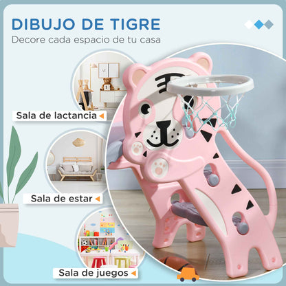 3-in-1 Kids' Slide for Children Aged 18 to 36 Months with 2 Stairs, 1 Basketball Basket, and Animal Pattern for Indoor Use 133x60x70 cm Pink and Gray
