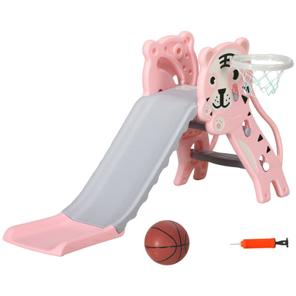 3-in-1 Kids' Slide for Children Aged 18 to 36 Months with 2 Stairs, 1 Basketball Basket, and Animal Pattern for Indoor Use 133x60x70 cm Pink and Gray