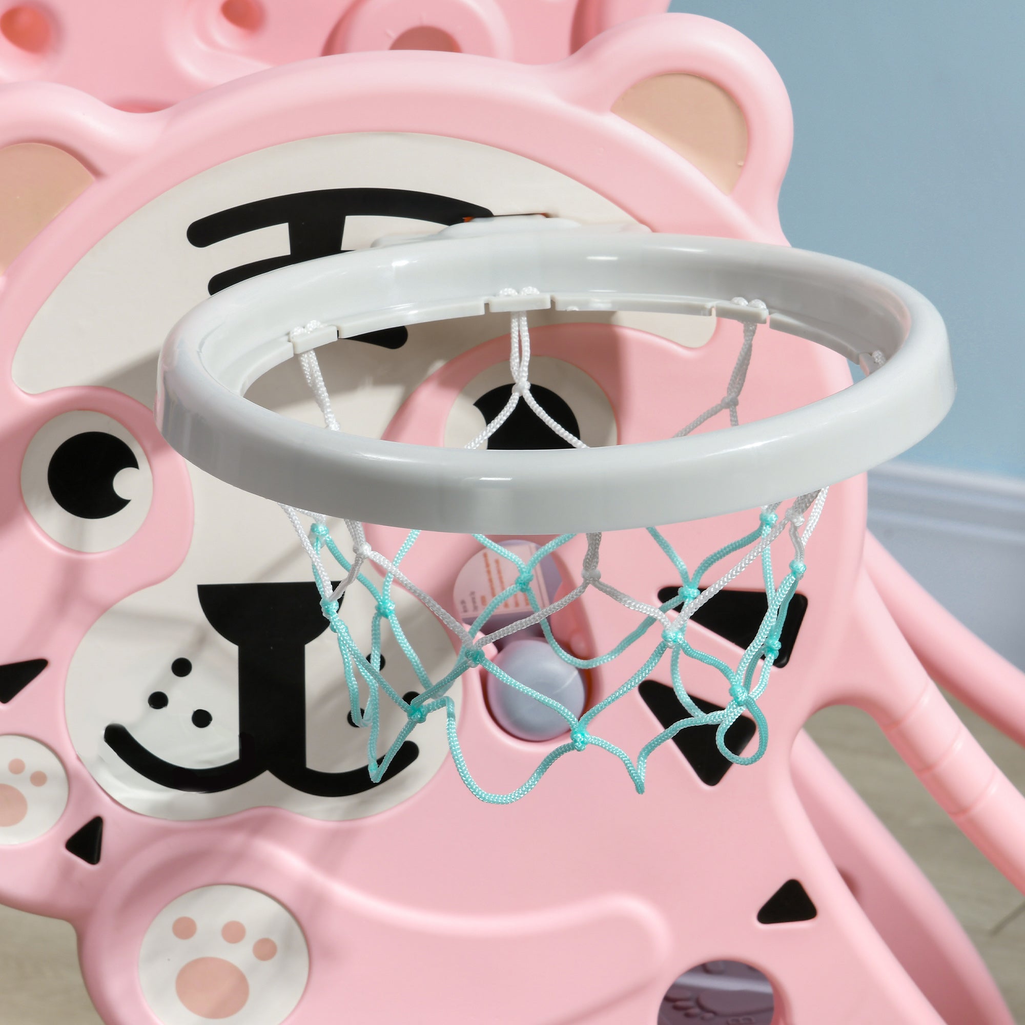 3-in-1 Kids' Slide for Children Aged 18 to 36 Months with 2 Stairs, 1 Basketball Basket, and Animal Pattern for Indoor Use 133x60x70 cm Pink and Gray
