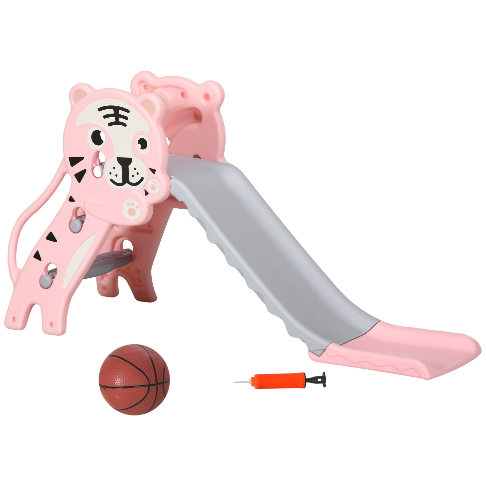 3-in-1 Kids' Slide for Children Aged 18 to 36 Months with 2 Stairs, 1 Basketball Basket, and Animal Pattern for Indoor Use 133x60x70 cm Pink and Gray