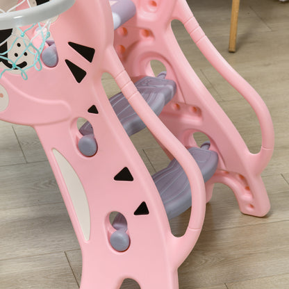 3-in-1 Kids' Slide for Children Aged 18 to 36 Months with 2 Stairs, 1 Basketball Basket, and Animal Pattern for Indoor Use 133x60x70 cm Pink and Gray