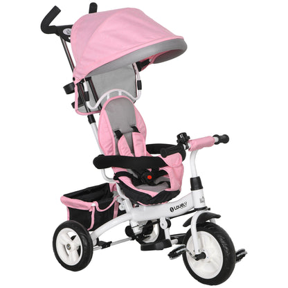 6-in-1 Tricycle with Push Handle, Children's Tricycle with Removable Sun Canopy, Balance Bike with 5-Point Safety Harness, Basket, Cup Holder, for 1-5 Years Children, Pink