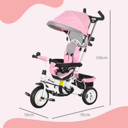 6-in-1 Tricycle with Push Handle, Children's Tricycle with Removable Sun Canopy, Balance Bike with 5-Point Safety Harness, Basket, Cup Holder, for 1-5 Years Children, Pink