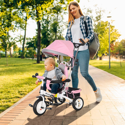 6-in-1 Tricycle with Push Handle, Children's Tricycle with Removable Sun Canopy, Balance Bike with 5-Point Safety Harness, Basket, Cup Holder, for 1-5 Years Children, Pink