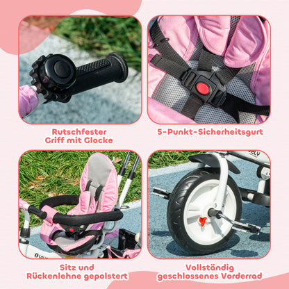 6-in-1 Tricycle with Push Handle, Children's Tricycle with Removable Sun Canopy, Balance Bike with 5-Point Safety Harness, Basket, Cup Holder, for 1-5 Years Children, Pink