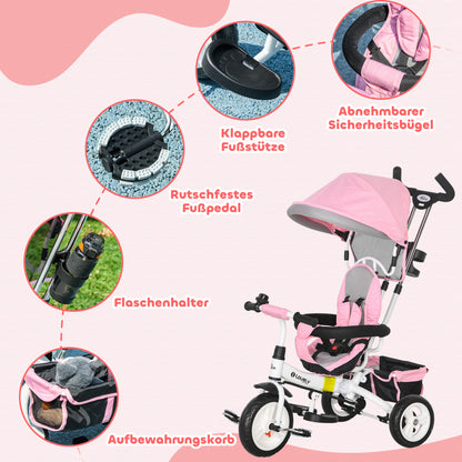 6-in-1 Tricycle with Push Handle, Children's Tricycle with Removable Sun Canopy, Balance Bike with 5-Point Safety Harness, Basket, Cup Holder, for 1-5 Years Children, Pink