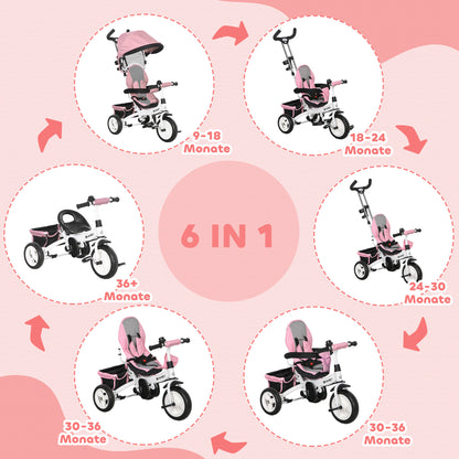 6-in-1 Tricycle with Push Handle, Children's Tricycle with Removable Sun Canopy, Balance Bike with 5-Point Safety Harness, Basket, Cup Holder, for 1-5 Years Children, Pink