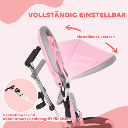 6-in-1 Tricycle with Push Handle, Children's Tricycle with Removable Sun Canopy, Balance Bike with 5-Point Safety Harness, Basket, Cup Holder, for 1-5 Years Children, Pink