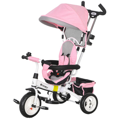 6-in-1 Tricycle with Push Handle, Children's Tricycle with Removable Sun Canopy, Balance Bike with 5-Point Safety Harness, Basket, Cup Holder, for 1-5 Years Children, Pink