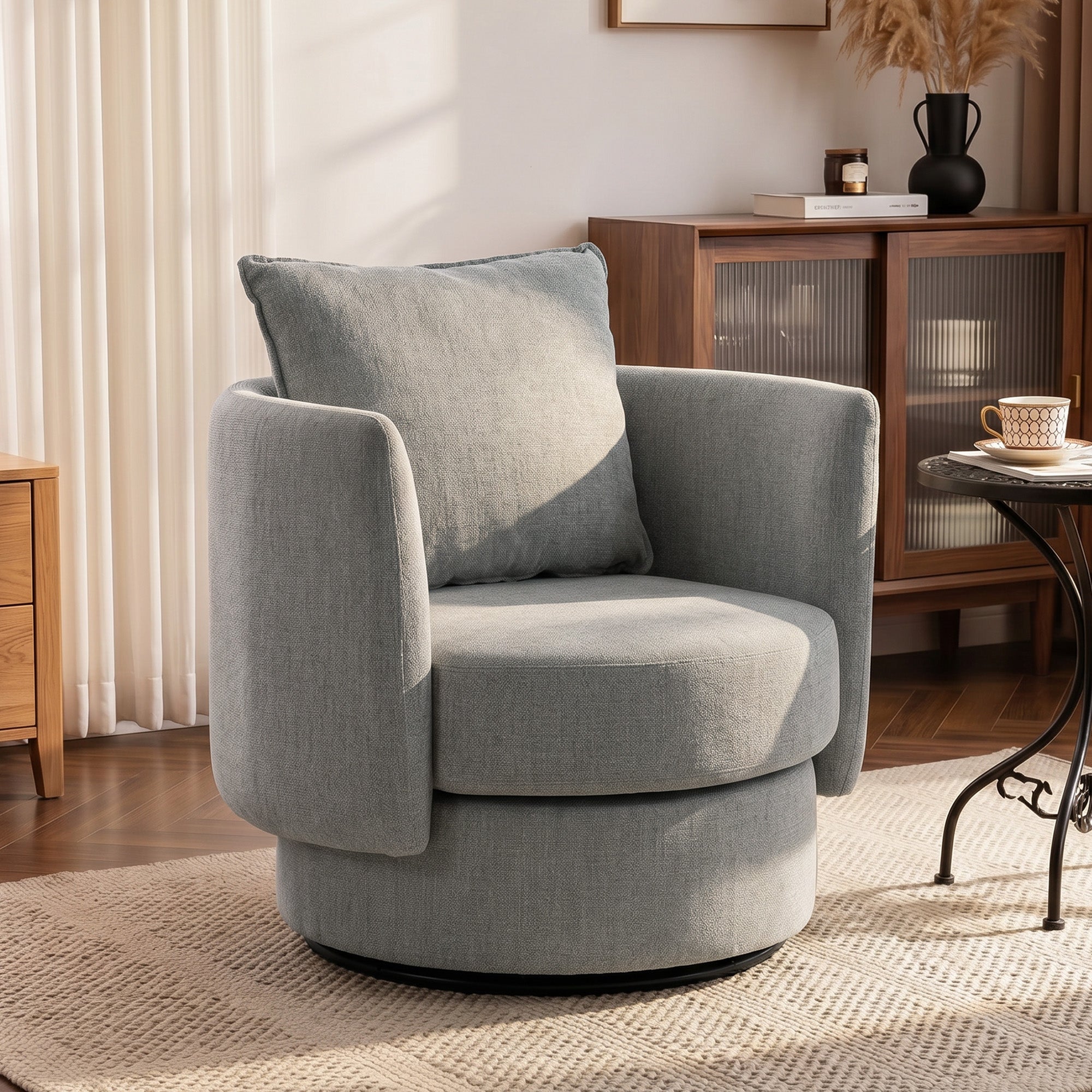 360° Swivel Lounge Chair with Cushion, Linen-Look Accent Armchair for Bedroom & Living Room, Light Gray