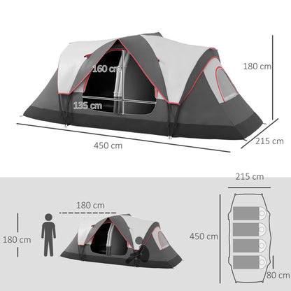 Camping Tent, Tunnel Tent for 6-8 People, with Light Hook, Mesh Windows, 2 Rooms Windproof Family Tent with Carrying Bag, 2000mm Water-Resistant Group Tent for Camping, Garden, Grey