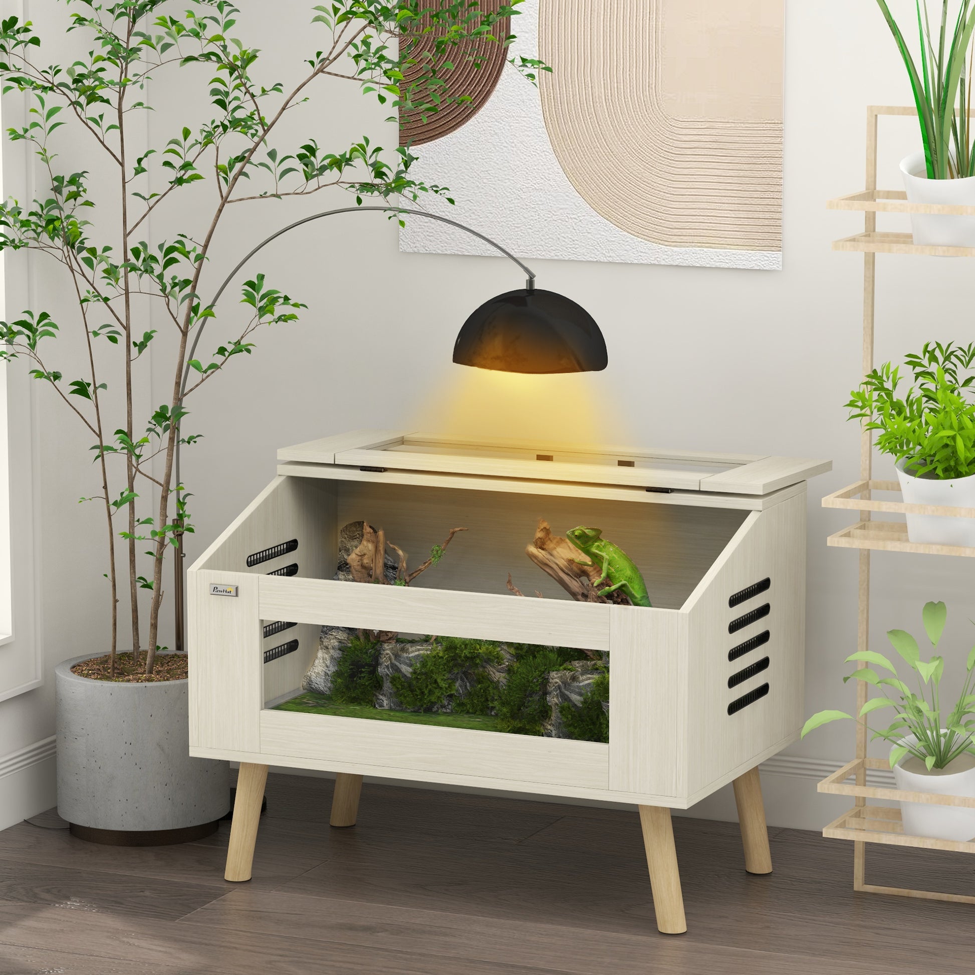 Reptile Terrarium with Side Ventilation, Snake Vivarium 111L with Tempered Glass Windows, Lid, 80 x 50 x 60 cm natural wood