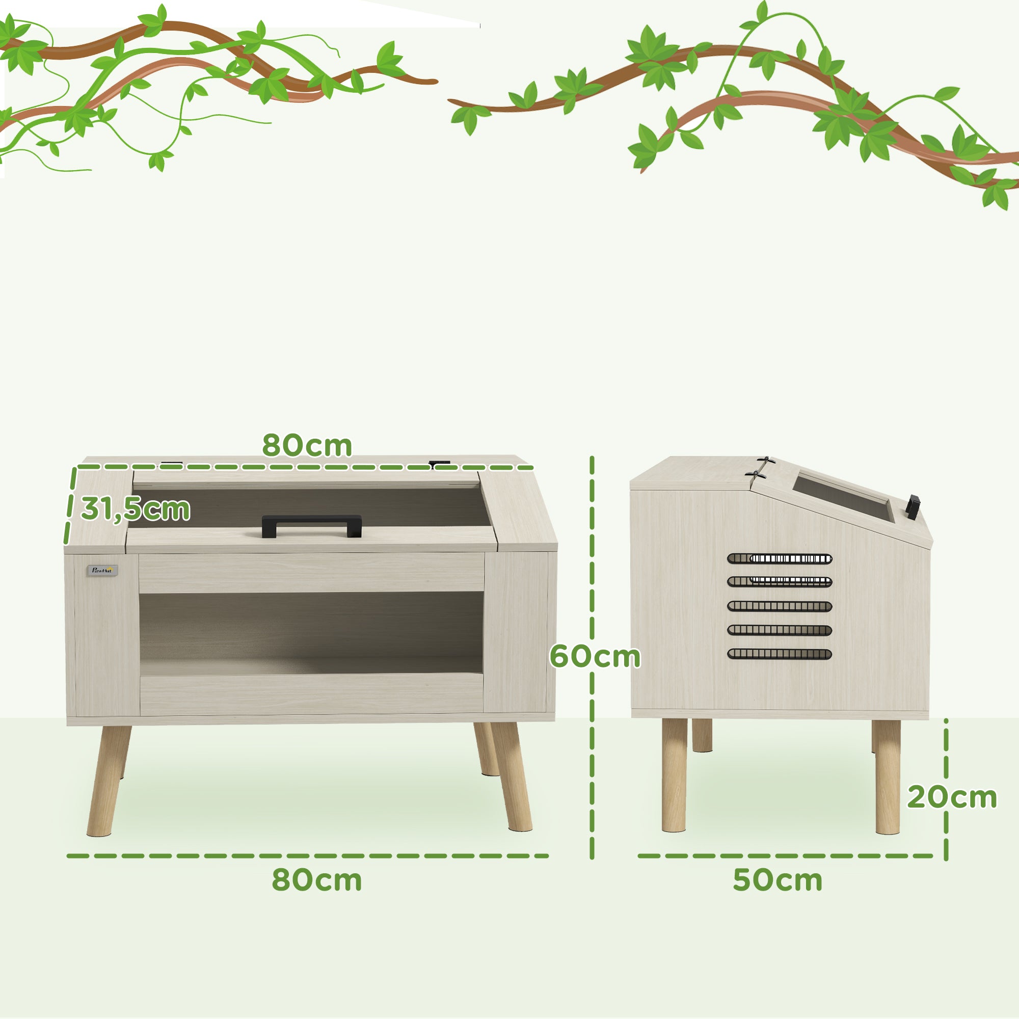 Reptile Terrarium with Side Ventilation, Snake Vivarium 111L with Tempered Glass Windows, Lid, 80 x 50 x 60 cm natural wood