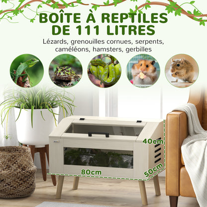 Reptile Terrarium with Side Ventilation, Snake Vivarium 111L with Tempered Glass Windows, Lid, 80 x 50 x 60 cm natural wood