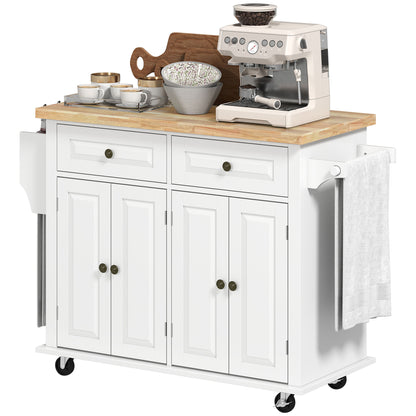 Kitchen Island with Wheels Kitchen Cart with 2 Drawers 4 Doors Spice Rack Wood Top Adjustable Shelf and Side Bar for Dining Room 111x44.5x82.5 cm White