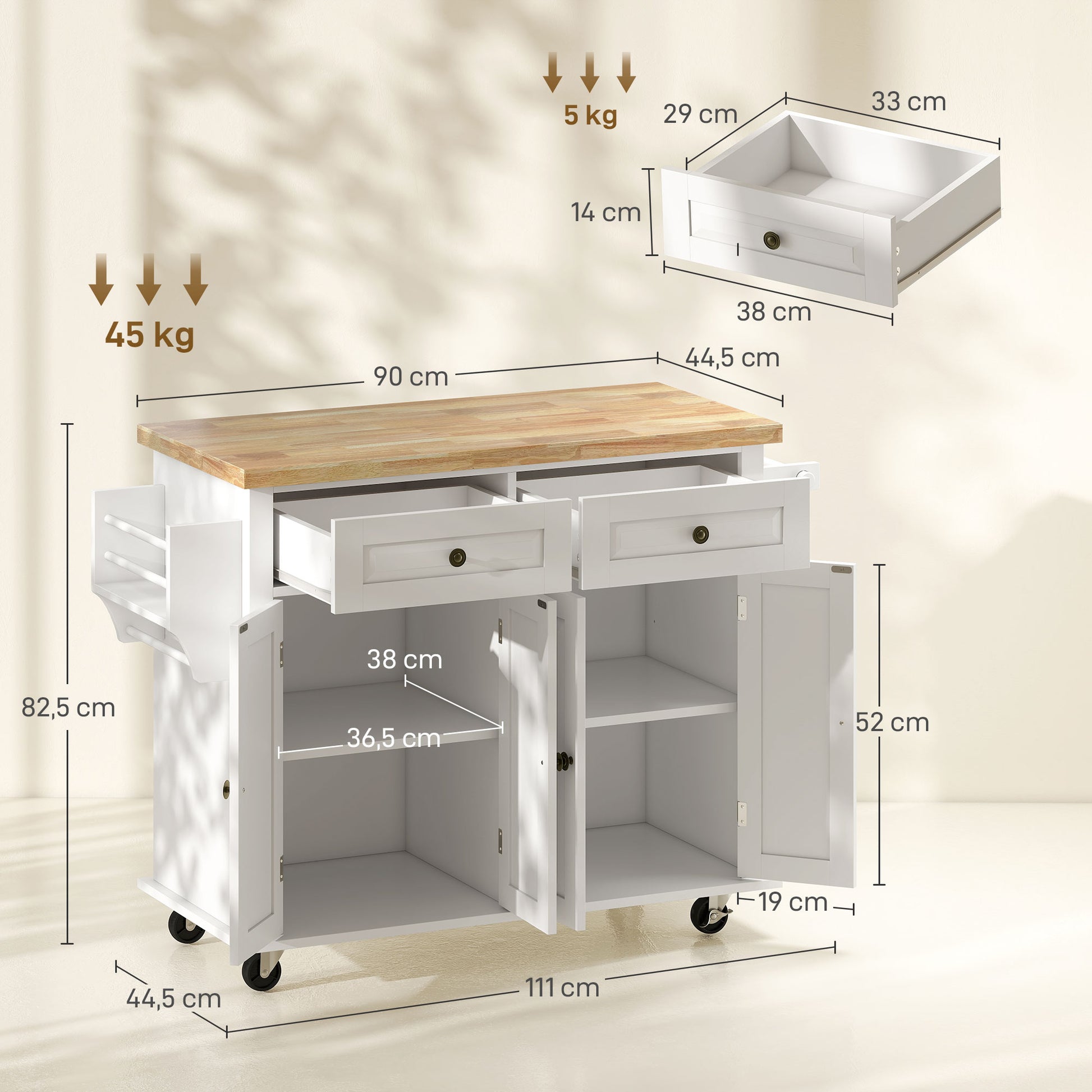 Kitchen Island with Wheels Kitchen Cart with 2 Drawers 4 Doors Spice Rack Wood Top Adjustable Shelf and Side Bar for Dining Room 111x44.5x82.5 cm White