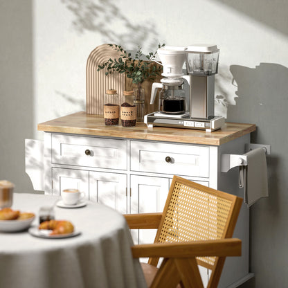 Kitchen Island with Wheels Kitchen Cart with 2 Drawers 4 Doors Spice Rack Wood Top Adjustable Shelf and Side Bar for Dining Room 111x44.5x82.5 cm White