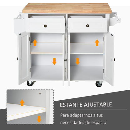 Kitchen Island with Wheels Kitchen Cart with 2 Drawers 4 Doors Spice Rack Wood Top Adjustable Shelf and Side Bar for Dining Room 111x44.5x82.5 cm White