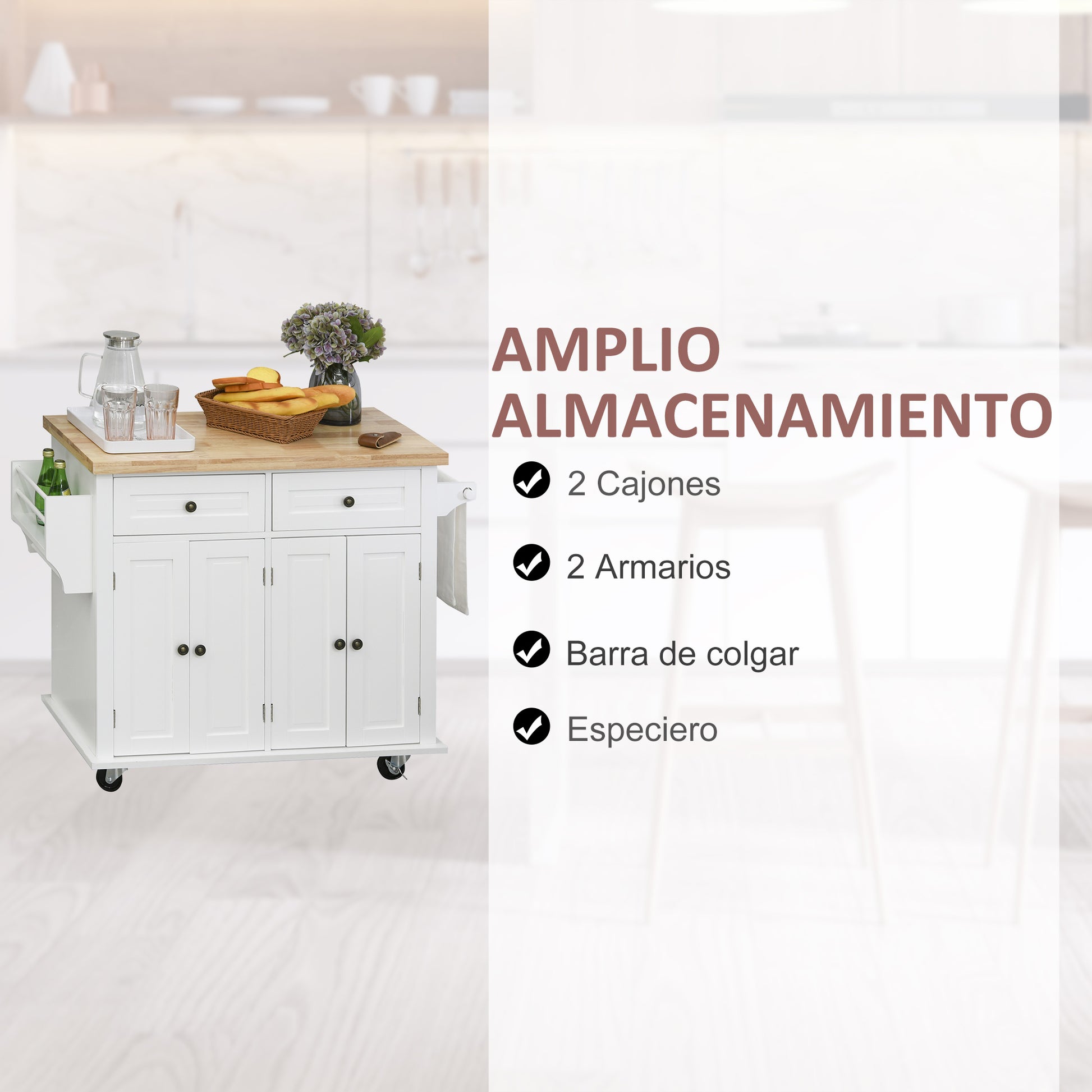 Kitchen Island with Wheels Kitchen Cart with 2 Drawers 4 Doors Spice Rack Wood Top Adjustable Shelf and Side Bar for Dining Room 111x44.5x82.5 cm White