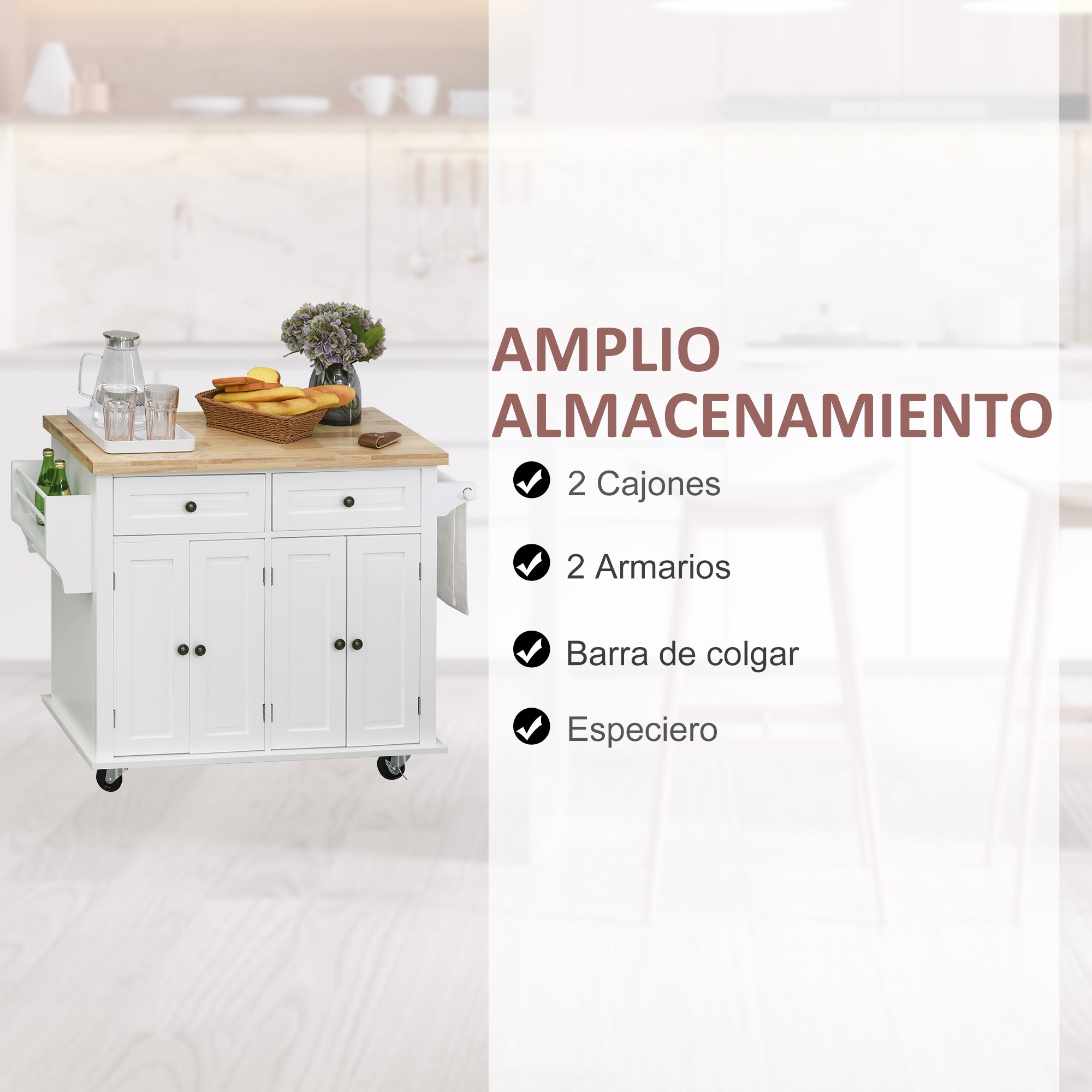 Kitchen Island with Wheels Kitchen Cart with 2 Drawers 4 Doors Spice Rack Wood Top Adjustable Shelf and Side Bar for Dining Room 111x44.5x82.5 cm White