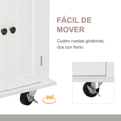 Kitchen Island with Wheels Kitchen Cart with 2 Drawers 4 Doors Spice Rack Wood Top Adjustable Shelf and Side Bar for Dining Room 111x44.5x82.5 cm White