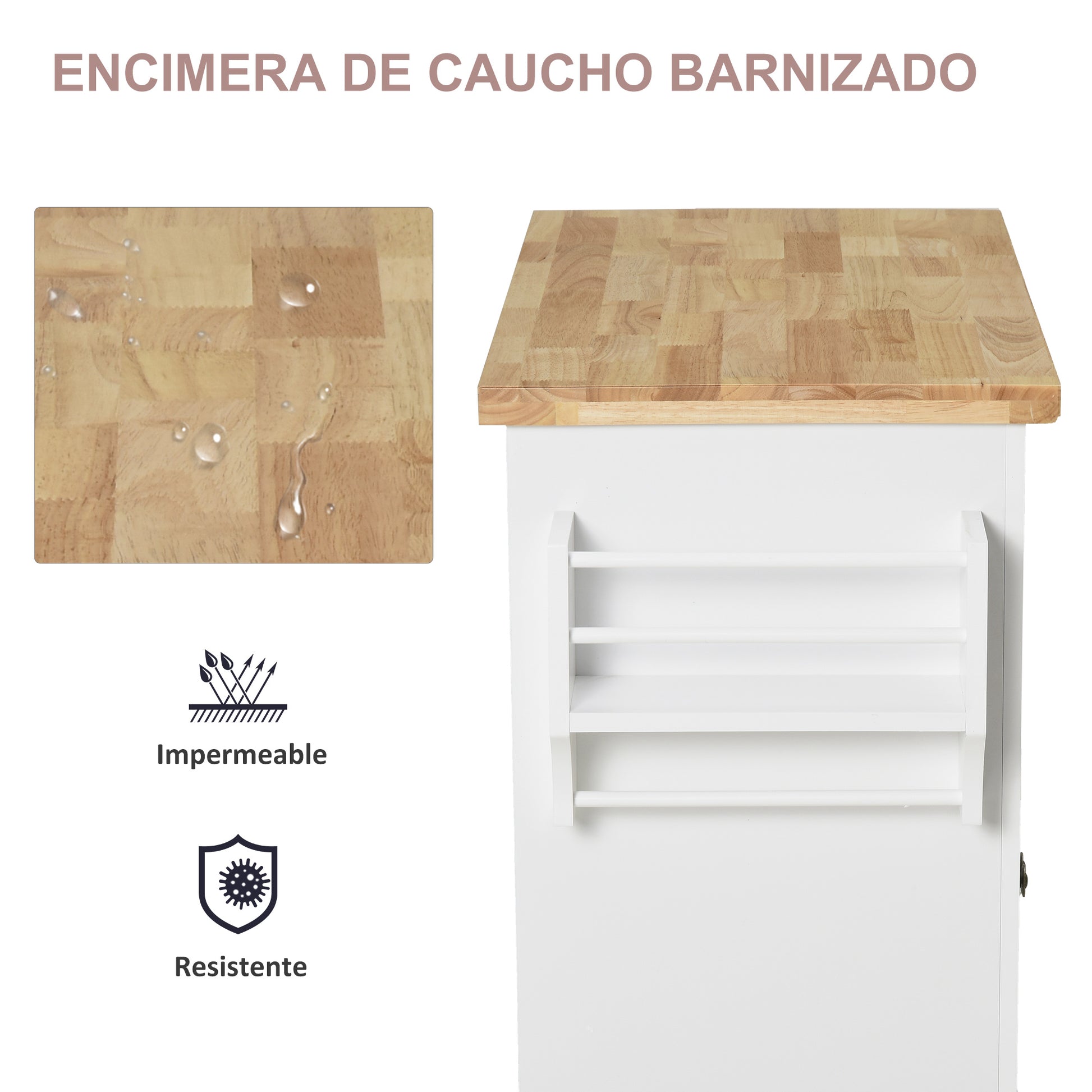 Kitchen Island with Wheels Kitchen Cart with 2 Drawers 4 Doors Spice Rack Wood Top Adjustable Shelf and Side Bar for Dining Room 111x44.5x82.5 cm White