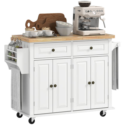 Kitchen Island with Wheels Kitchen Cart with 2 Drawers 4 Doors Spice Rack Wood Top Adjustable Shelf and Side Bar for Dining Room 111x44.5x82.5 cm White