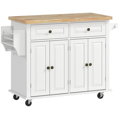 Kitchen Island with Wheels Kitchen Cart with 2 Drawers 4 Doors Spice Rack Wood Top Adjustable Shelf and Side Bar for Dining Room 111x44.5x82.5 cm White
