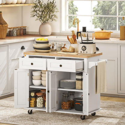 Kitchen Island with Wheels Kitchen Cart with 2 Drawers 4 Doors Spice Rack Wood Top Adjustable Shelf and Side Bar for Dining Room 111x44.5x82.5 cm White