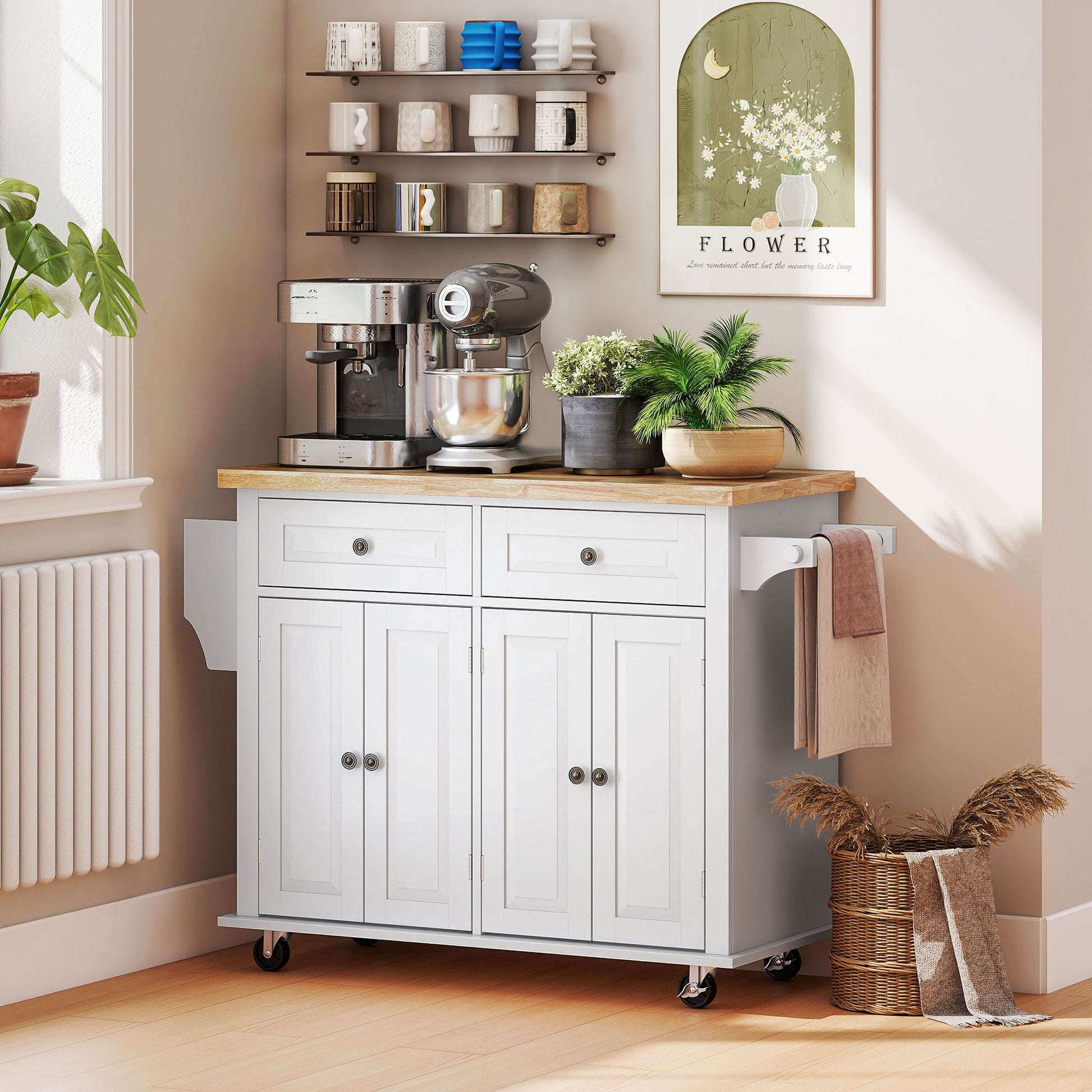 Kitchen Island with Wheels Kitchen Cart with 2 Drawers 4 Doors Spice Rack Wood Top Adjustable Shelf and Side Bar for Dining Room 111x44.5x82.5 cm White