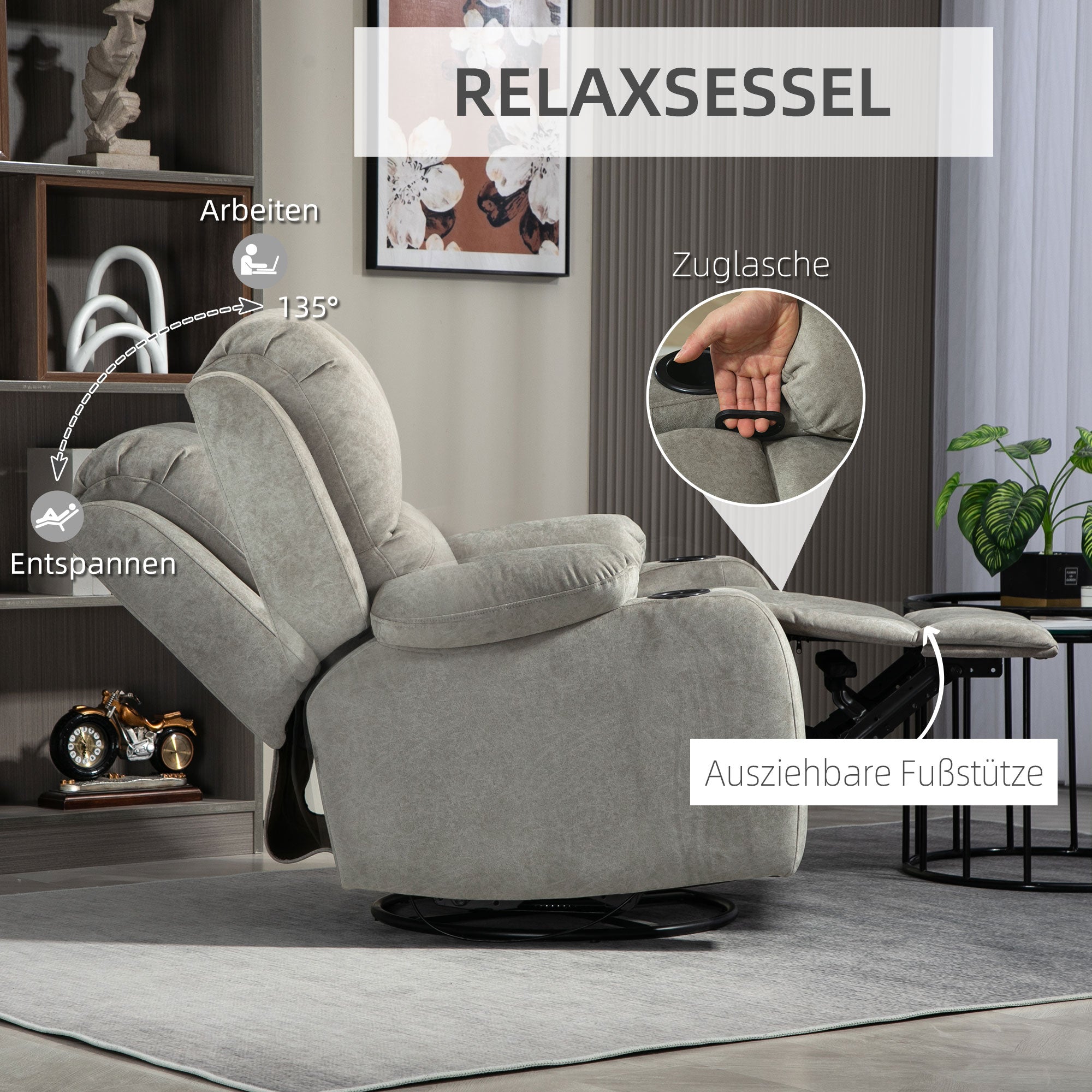 Relax Armchair TV Armchair with Reclining Function, Rocking Function, Swivel TV Armchair with Pocket Spring Core, Footrest, and Cup Holder, for Living Room, Brown