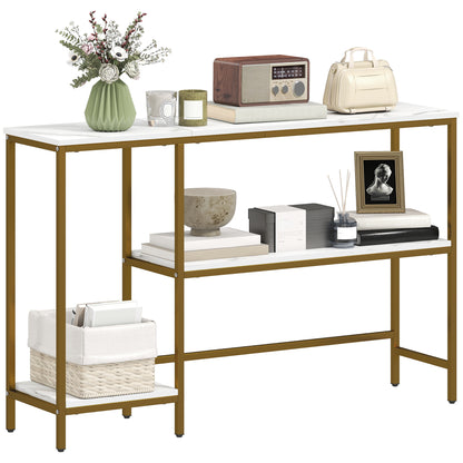 Console Table 47.2 in, 3-Tier Console with Shelves, Marble-Effect Tops, Metal Frame, Entryway & Hall Table, White/Gold