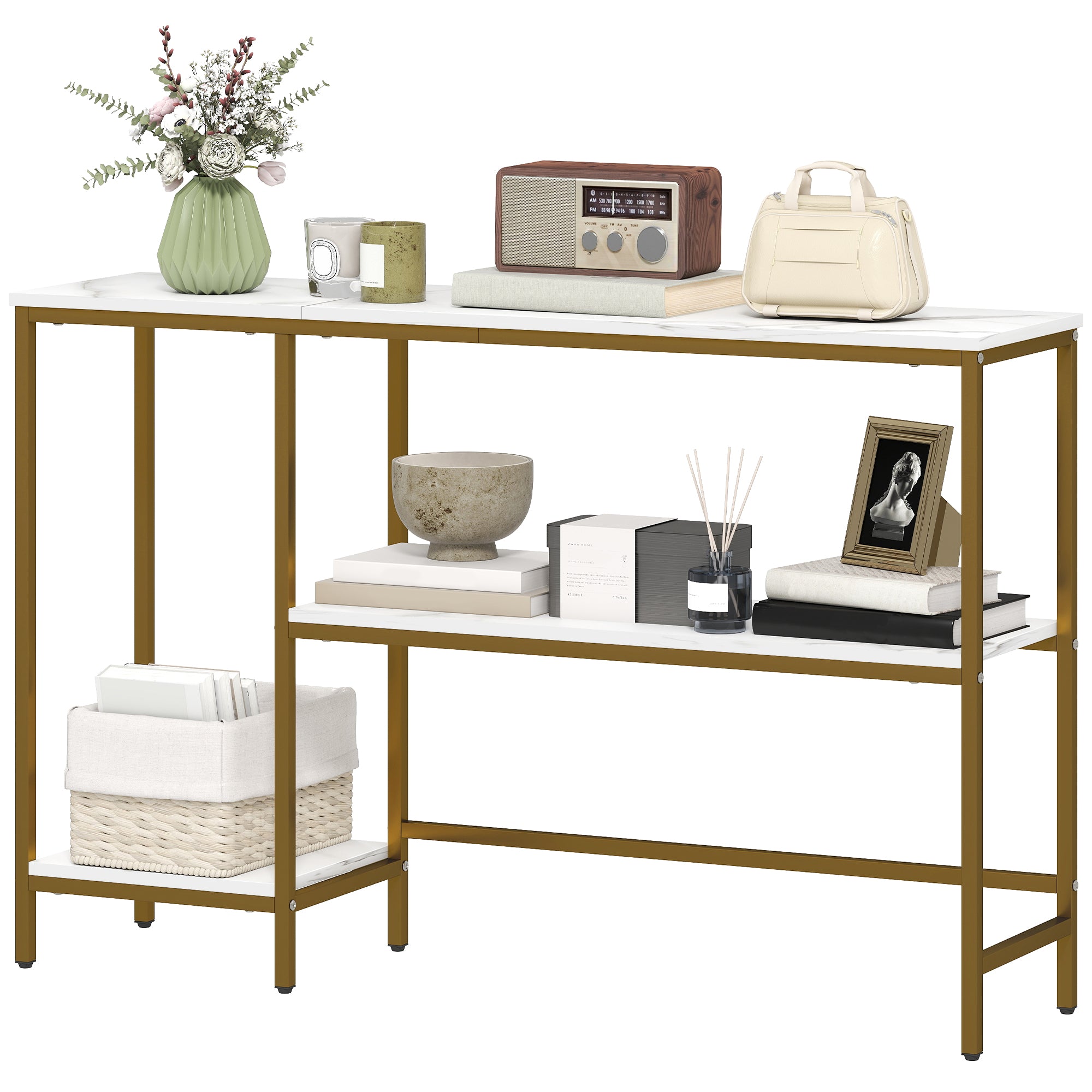 Console Table 47.2 in, 3-Tier Console with Shelves, Marble-Effect Tops, Metal Frame, Entryway & Hall Table, White/Gold