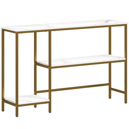 Console Table 47.2 in, 3-Tier Console with Shelves, Marble-Effect Tops, Metal Frame, Entryway & Hall Table, White/Gold