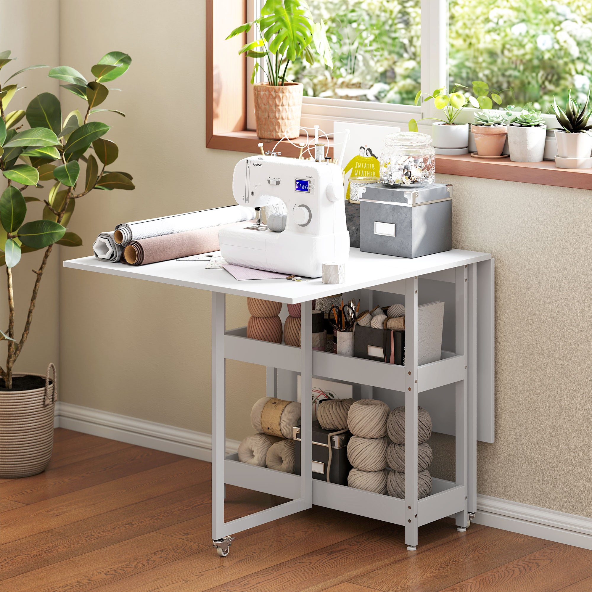 Folding Dining Table Kitchen Table for 2-4 Persons with 2 Open Shelves, Dining Table Folding Table with Wheels for Small Spaces, Dining Room, Kitchen 133.4 x 80 x 75 cm White