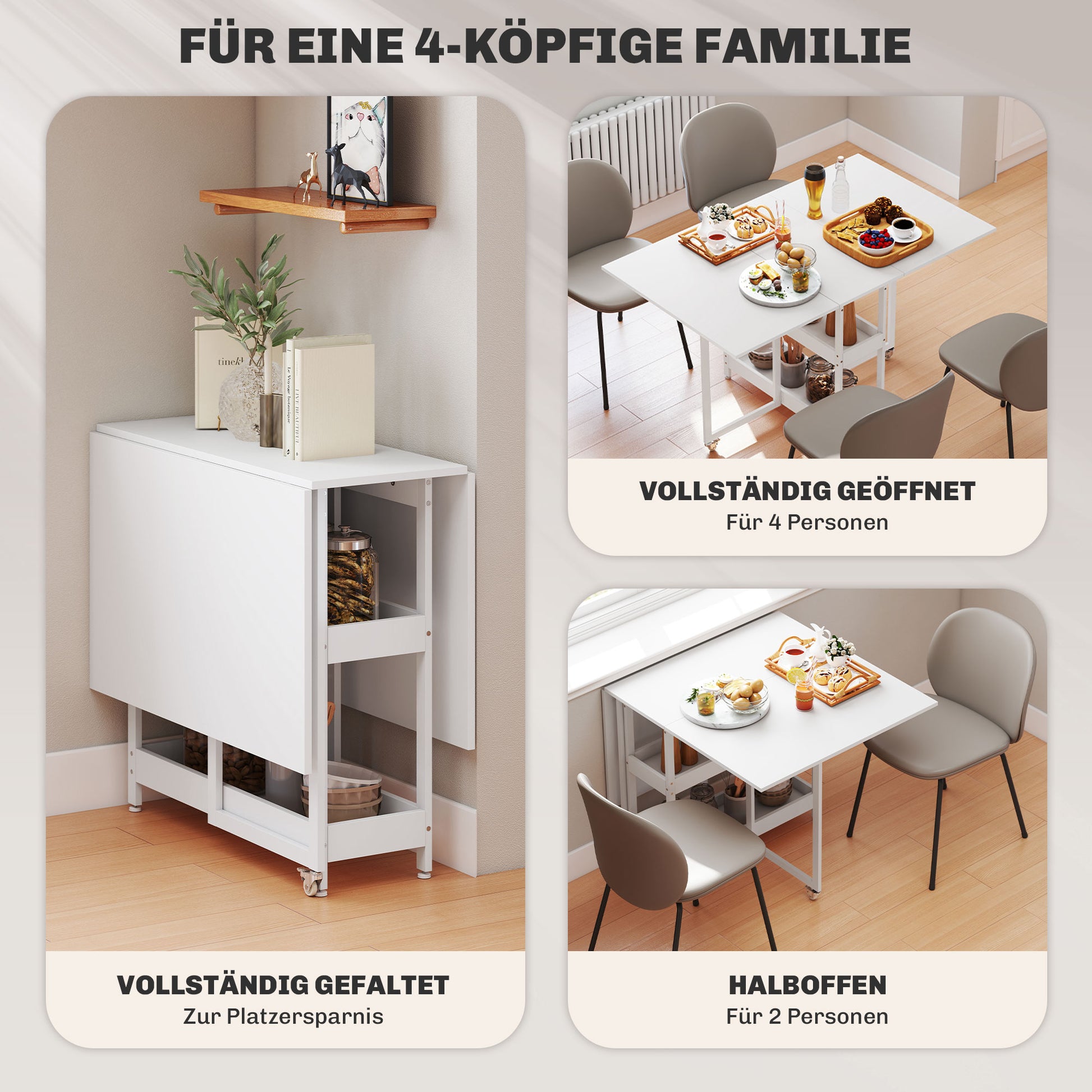 Folding Dining Table Kitchen Table for 2-4 Persons with 2 Open Shelves, Dining Table Folding Table with Wheels for Small Spaces, Dining Room, Kitchen 133.4 x 80 x 75 cm White