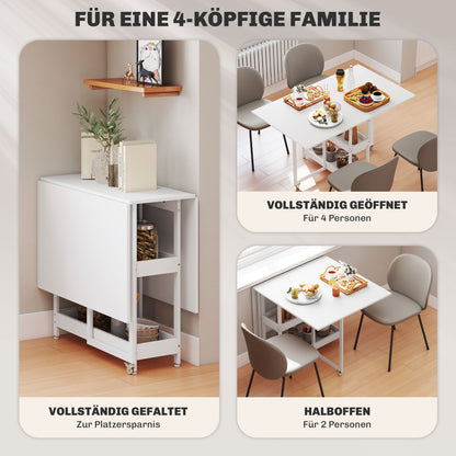Folding Dining Table Kitchen Table for 2-4 Persons with 2 Open Shelves, Dining Table Folding Table with Wheels for Small Spaces, Dining Room, Kitchen 133.4 x 80 x 75 cm White