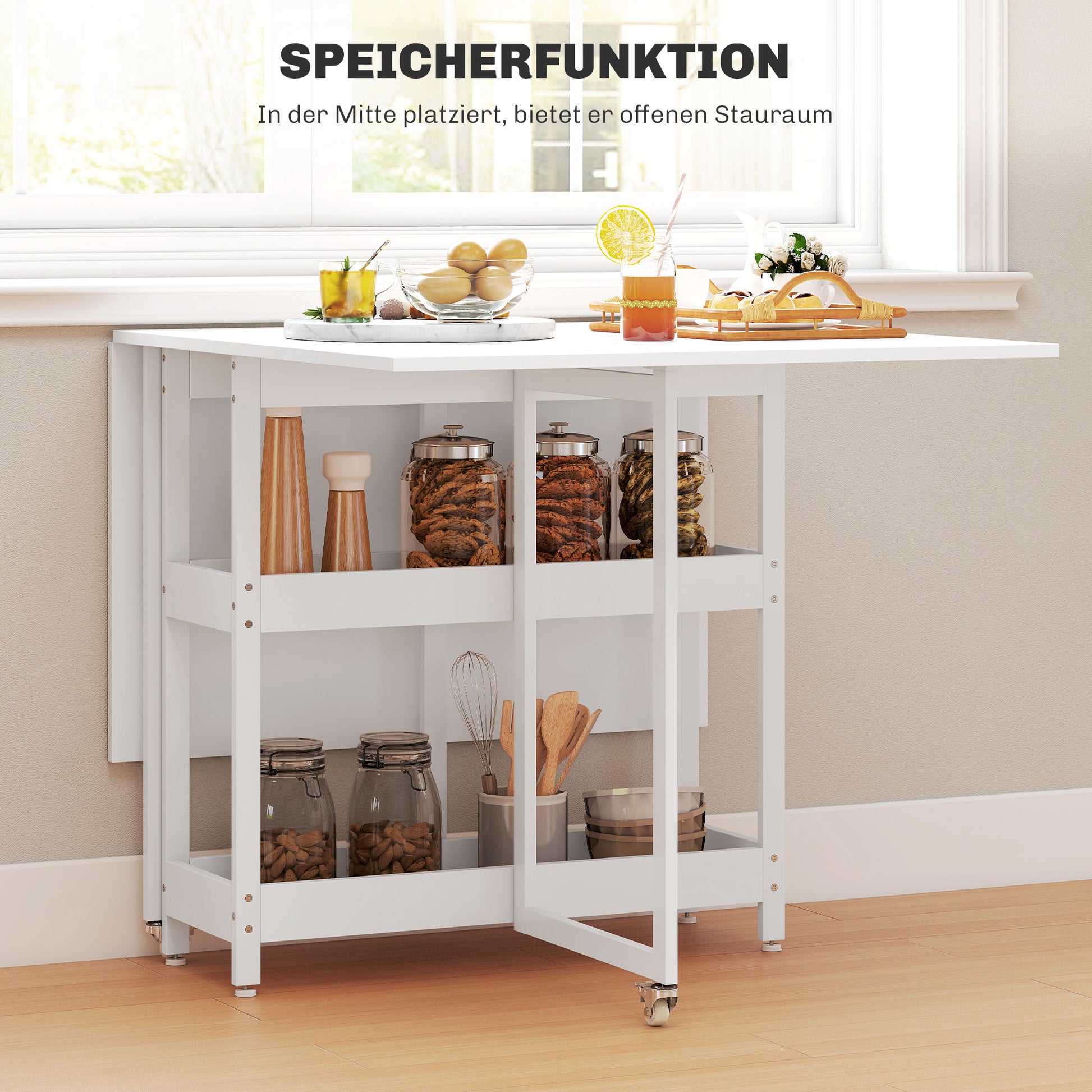 Folding Dining Table Kitchen Table for 2-4 Persons with 2 Open Shelves, Dining Table Folding Table with Wheels for Small Spaces, Dining Room, Kitchen 133.4 x 80 x 75 cm White