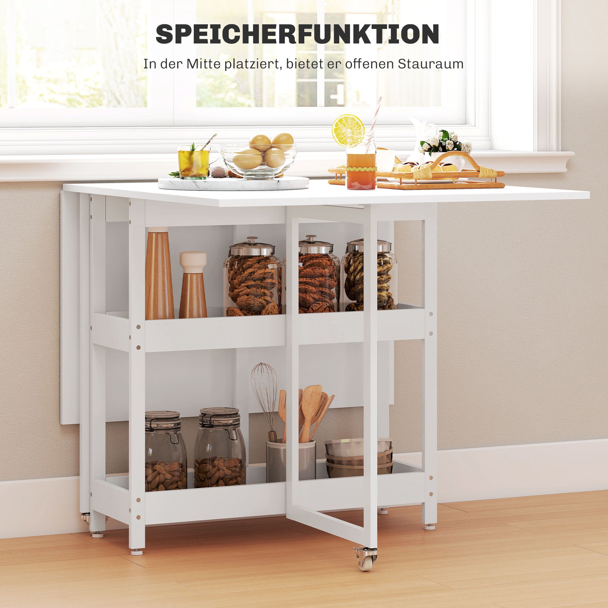 Folding Dining Table Kitchen Table for 2-4 Persons with 2 Open Shelves, Dining Table Folding Table with Wheels for Small Spaces, Dining Room, Kitchen 133.4 x 80 x 75 cm White